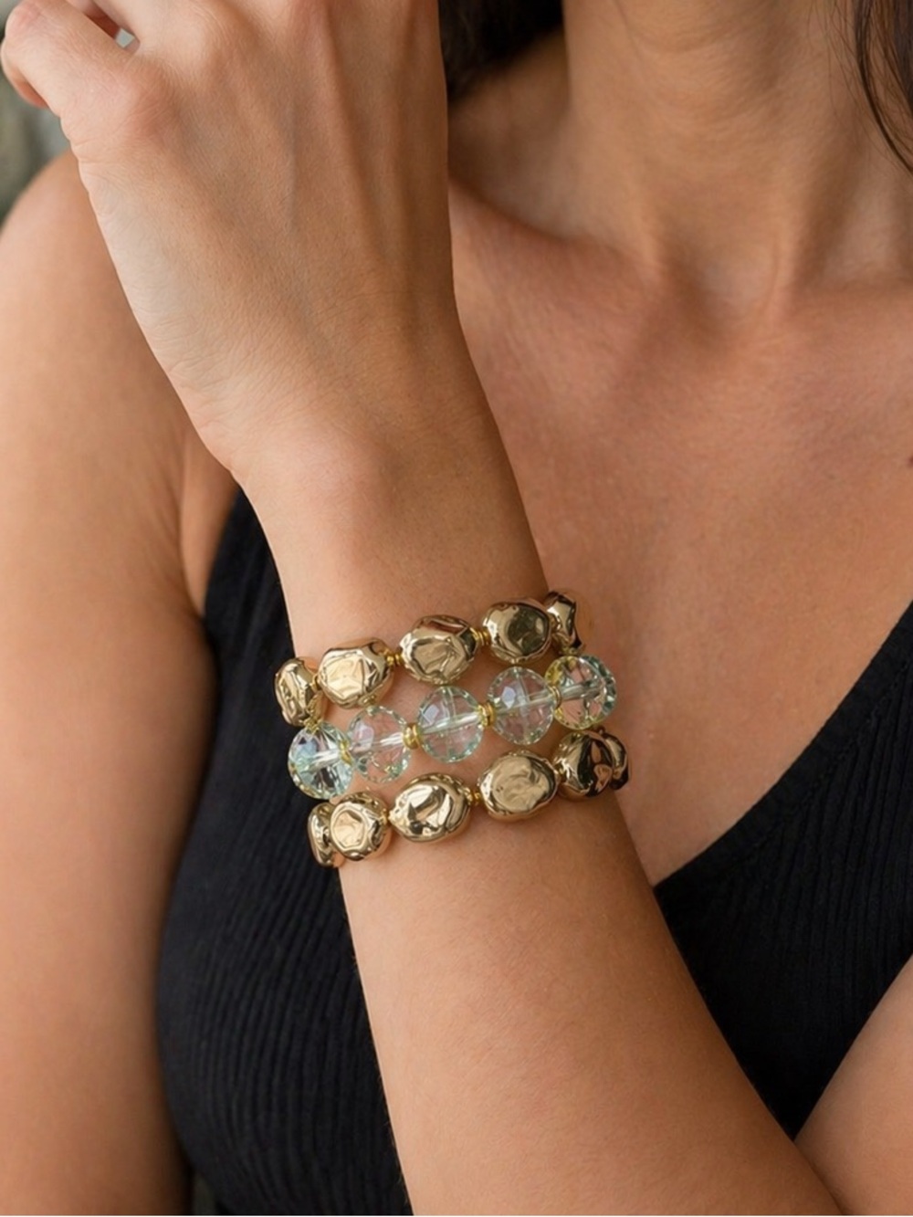 Zara Gold and Clear Beaded Stretch Bracelet Set